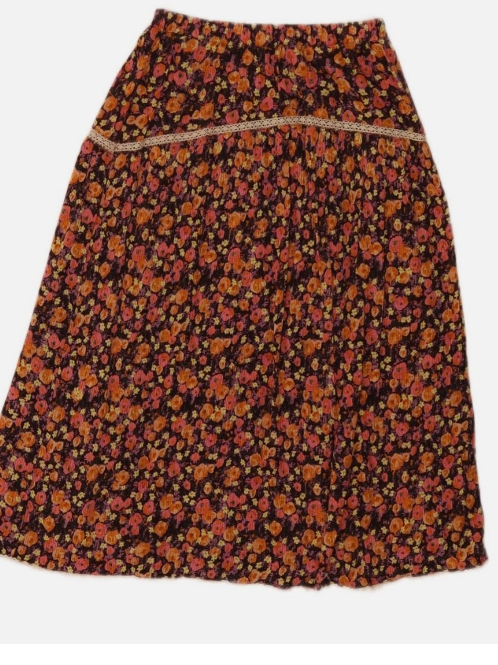 ZARA Brown Floral A-Line Midi Skirt with Pink & Orange Blooms